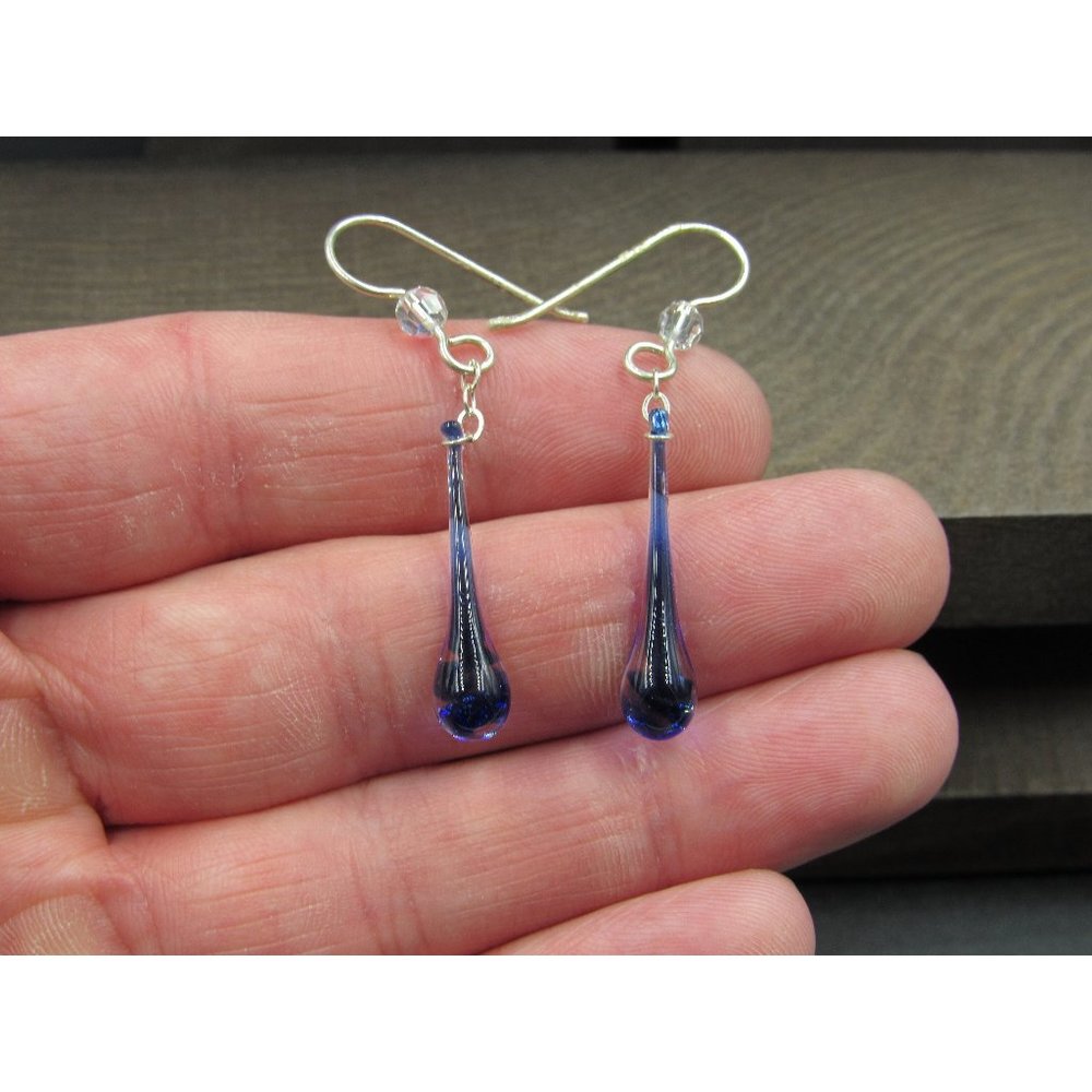 Sterling Silver Blue Glass Handmade Dangle Earrings Vintage Wedding Engagement